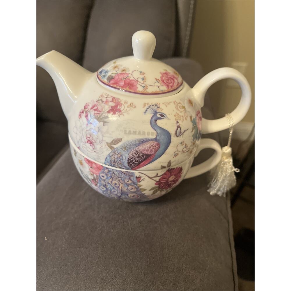 Peacock Tea For One Set Stackable Teapot Cup Mug Floral Pink Gold Tassel Luu BV - Picture 10 of 11